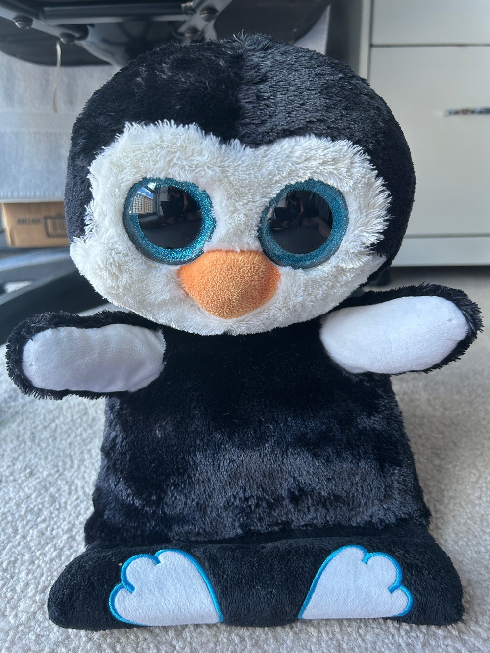 TySilk Black & White Penguin Plush with Blue Sparkly Eyes and Orange Beak